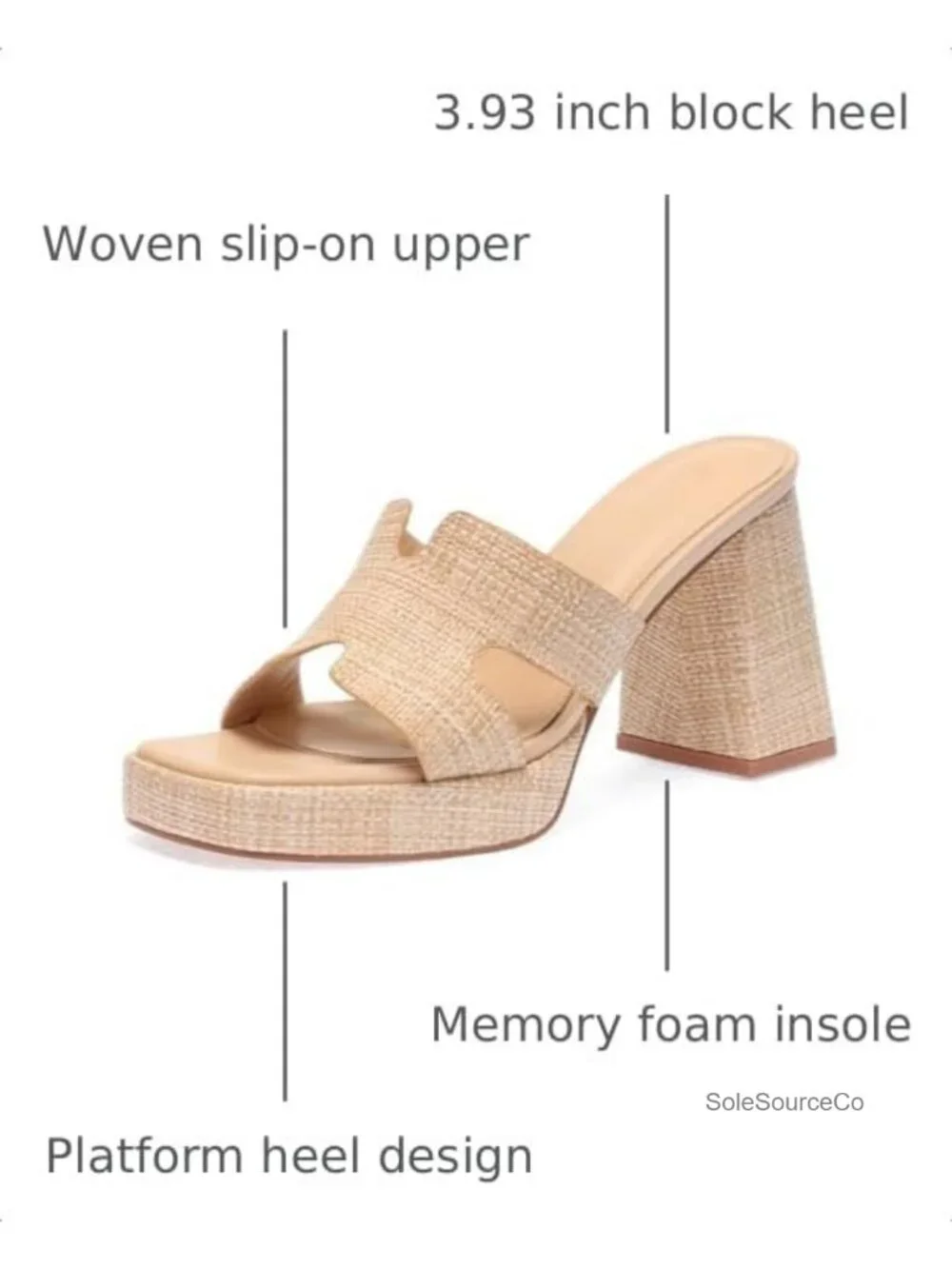 Natural Raffia Heeled Sandals, Platform Wedge Slip On Block Heel, Dressy Summer